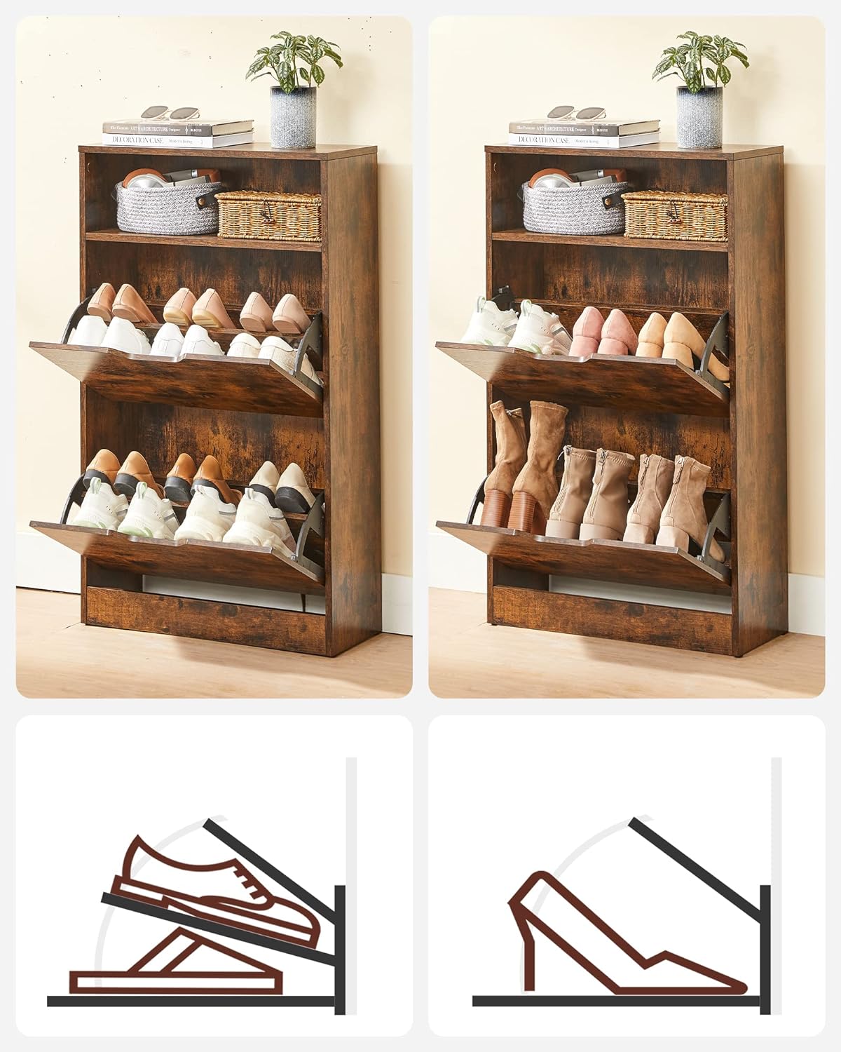 VASAGLE Dulap pantofi cu 2 usi flip, separator reglabil si detasabil, pentru 8-12 perechi, 24x60x102cm, maro rustic