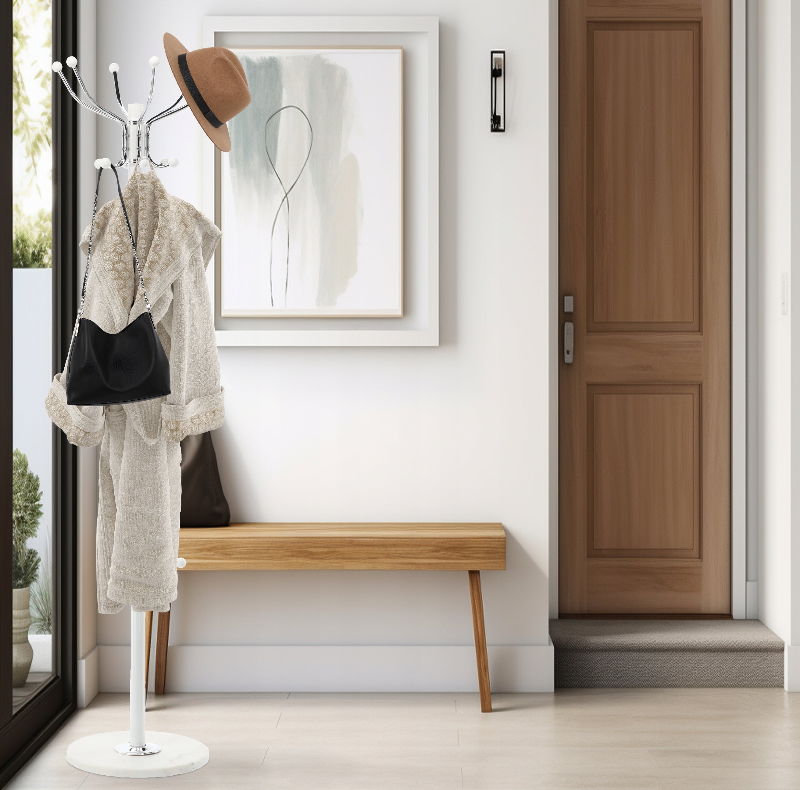 Cuier hol metalic 178 cm, 16 carlige, design minimalist, alb