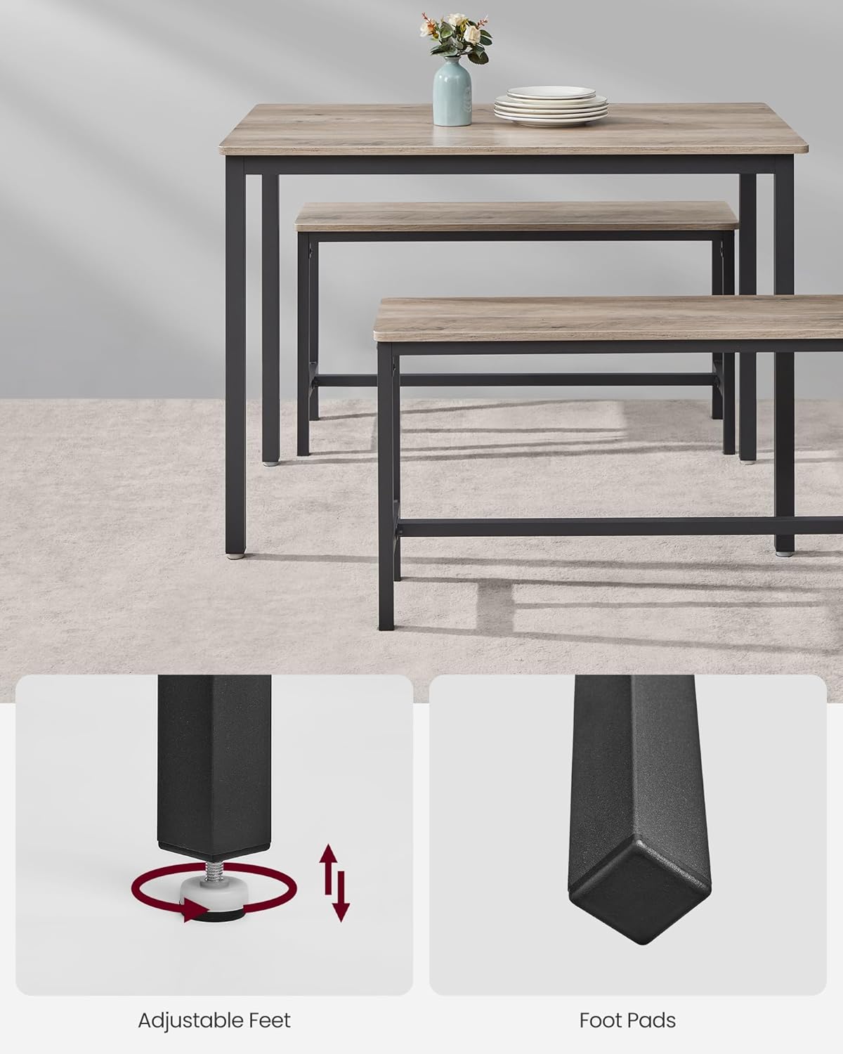 VASAGLE Masa de bar cu 2 banci, design industrial, 110x70x75cm, stejar sonoma