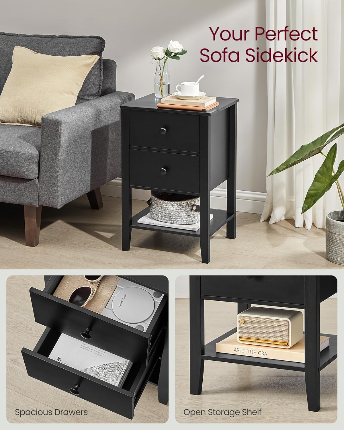 VASAGLE Set de 2 noptiere din bambus, cu 2 sertare, 35x40x60 cm, negru