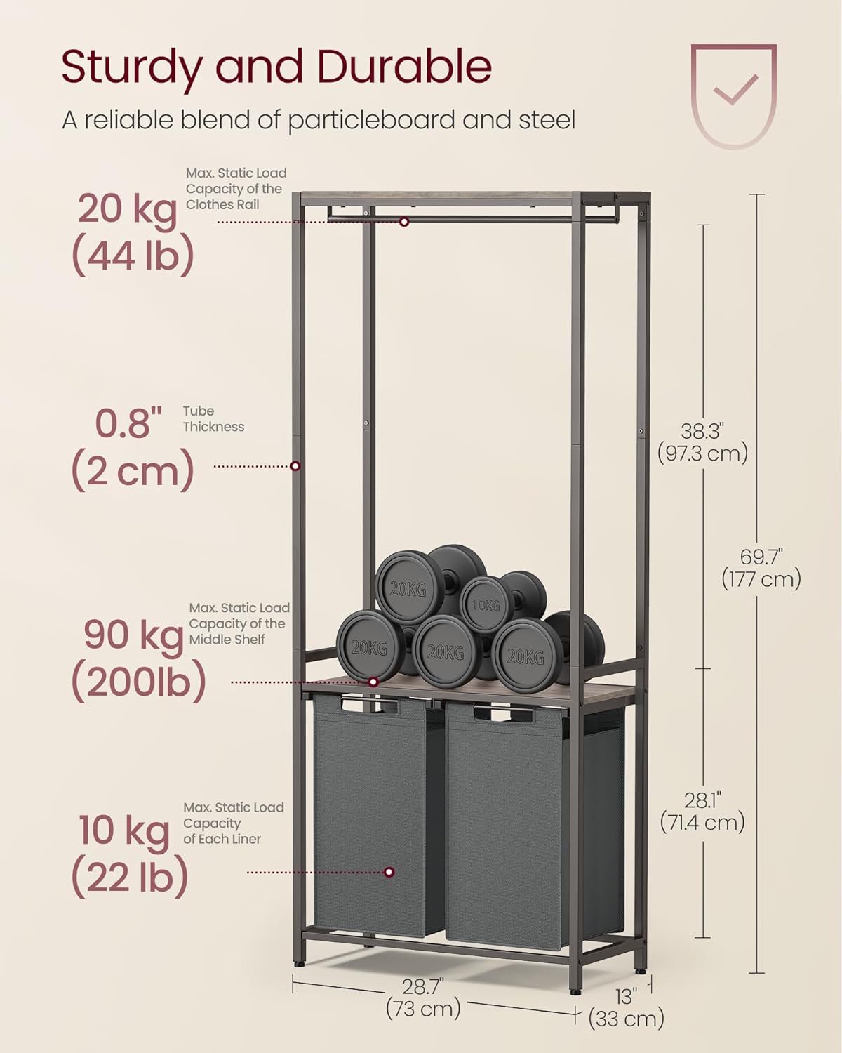 VASAGLE Cos de rufe, 2 compartimente, saci de rufe detasabili, 2 rafturi, tija umerase, 2x46L, 73x33x177cm, gri