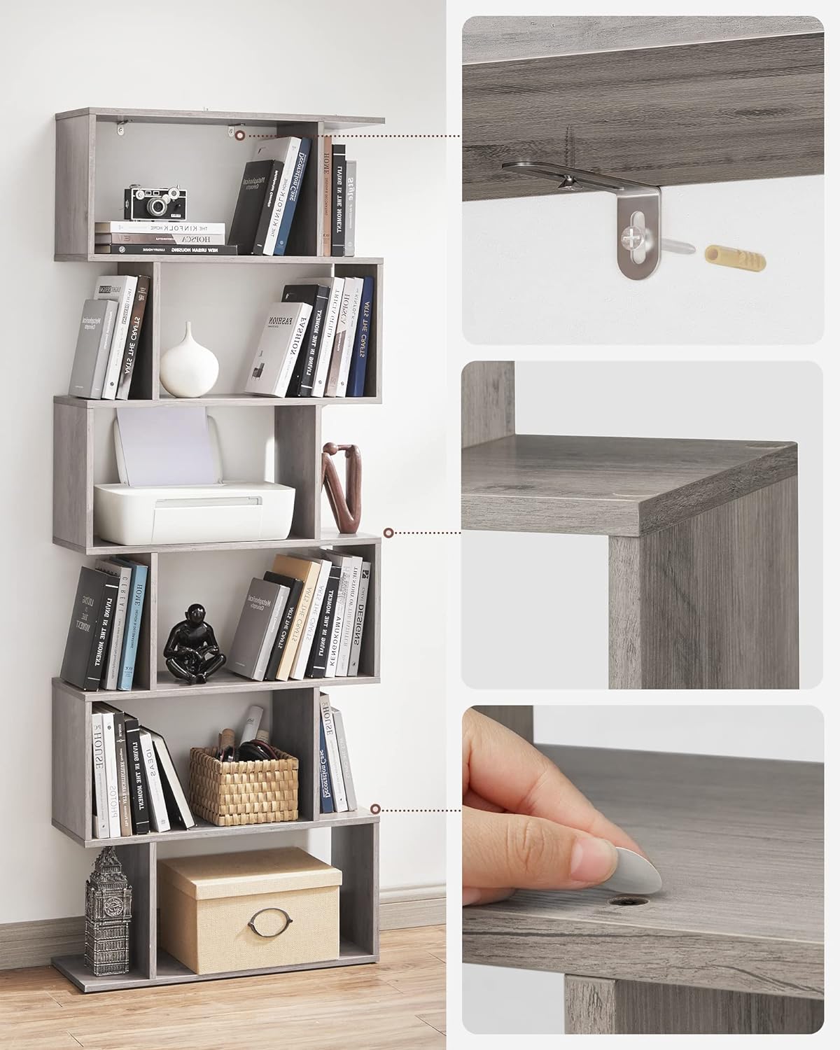 VASAGLE Biblioteca, raft cu 6 unitati de depozitare, pentru living, din lemn, 24x190x70cm, gri stejar - 6