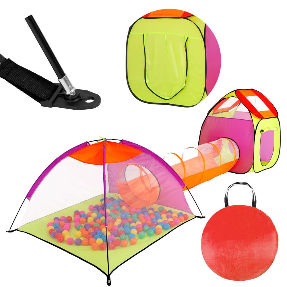 Loc de joaca 3 in 1 pentru copii, multifunctional, casuta, tunel si cort, 385x120x115cm, multicolor