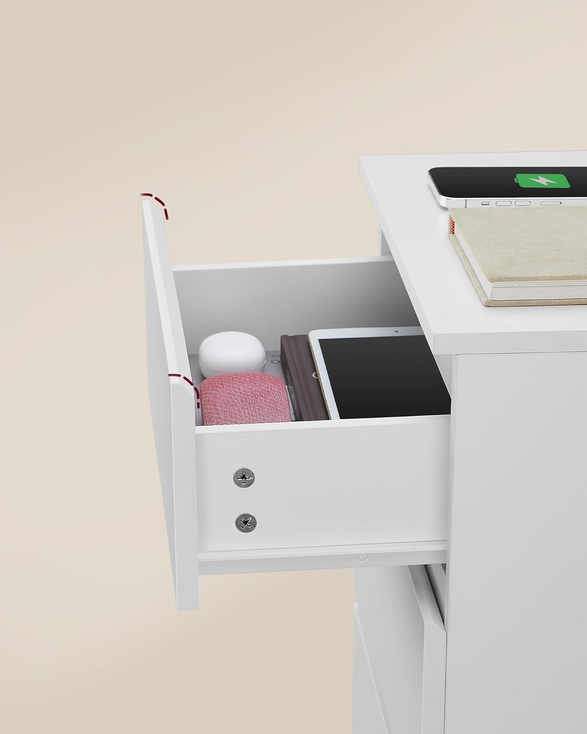 VASAGLE Set de 2 noptiere, cu sertare, 2 prize si 2 USB, 35x40x59 cm, alb