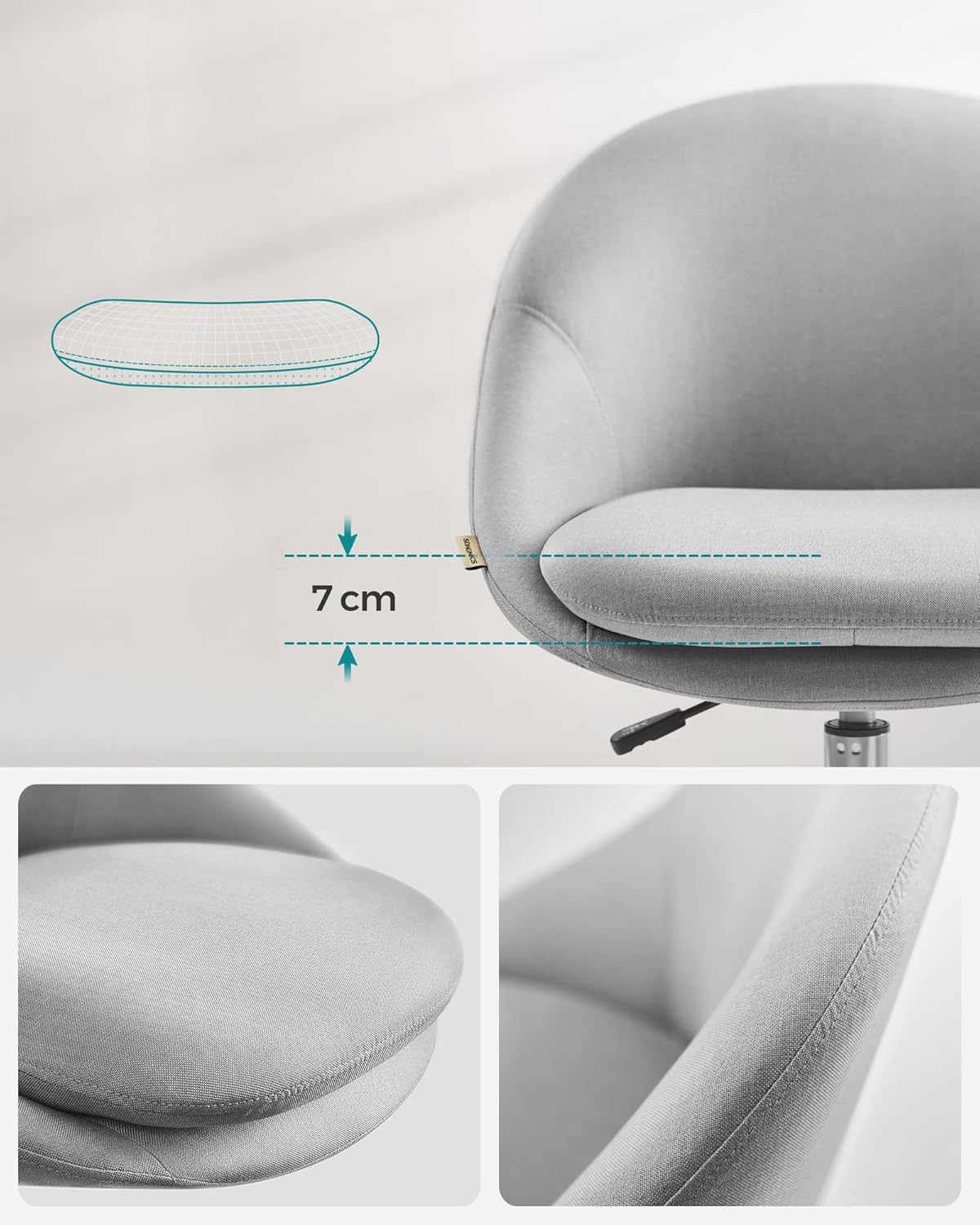 SONGMICS Scaun de birou ergonomic, inaltime reglabila, 60x60x(80-90) cm, gri - 6