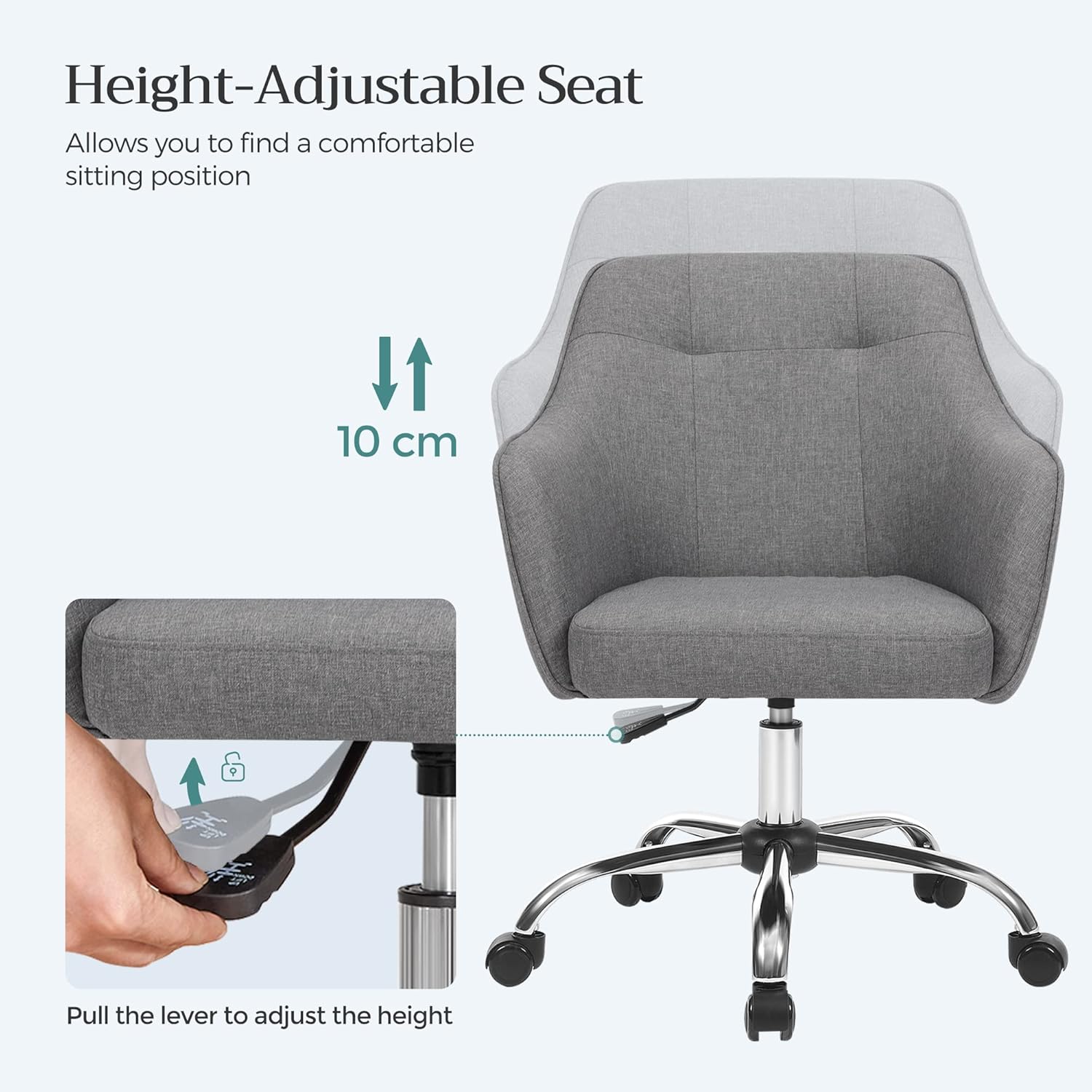 SONGMICS Scaun de birou ergonomic, inaltime reglabila, 65x69x(83-93) cm, gri - 6