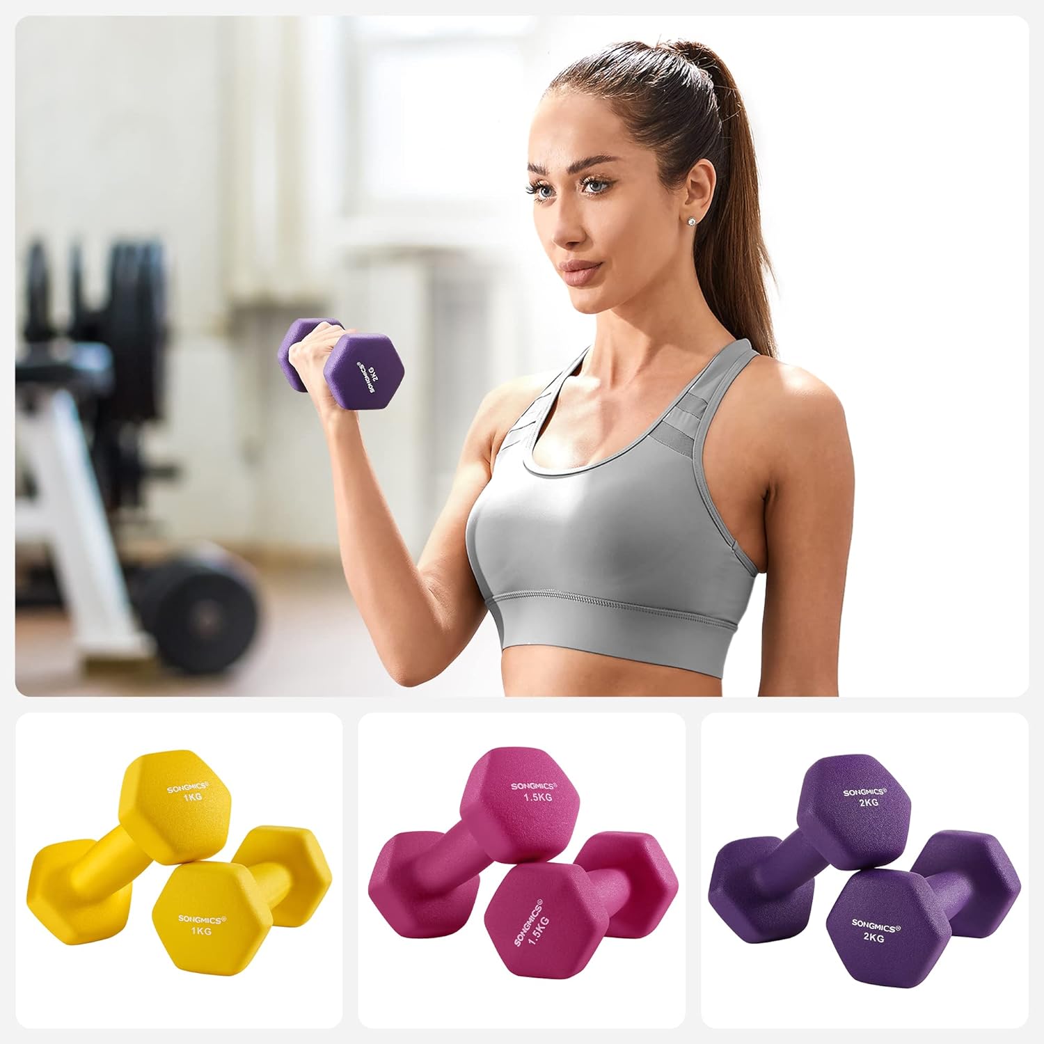 SONGMICS Set de 6 gantere hexagonale cu suport, 2x1kg 2x1.5kg 2x2 kg, multicolor