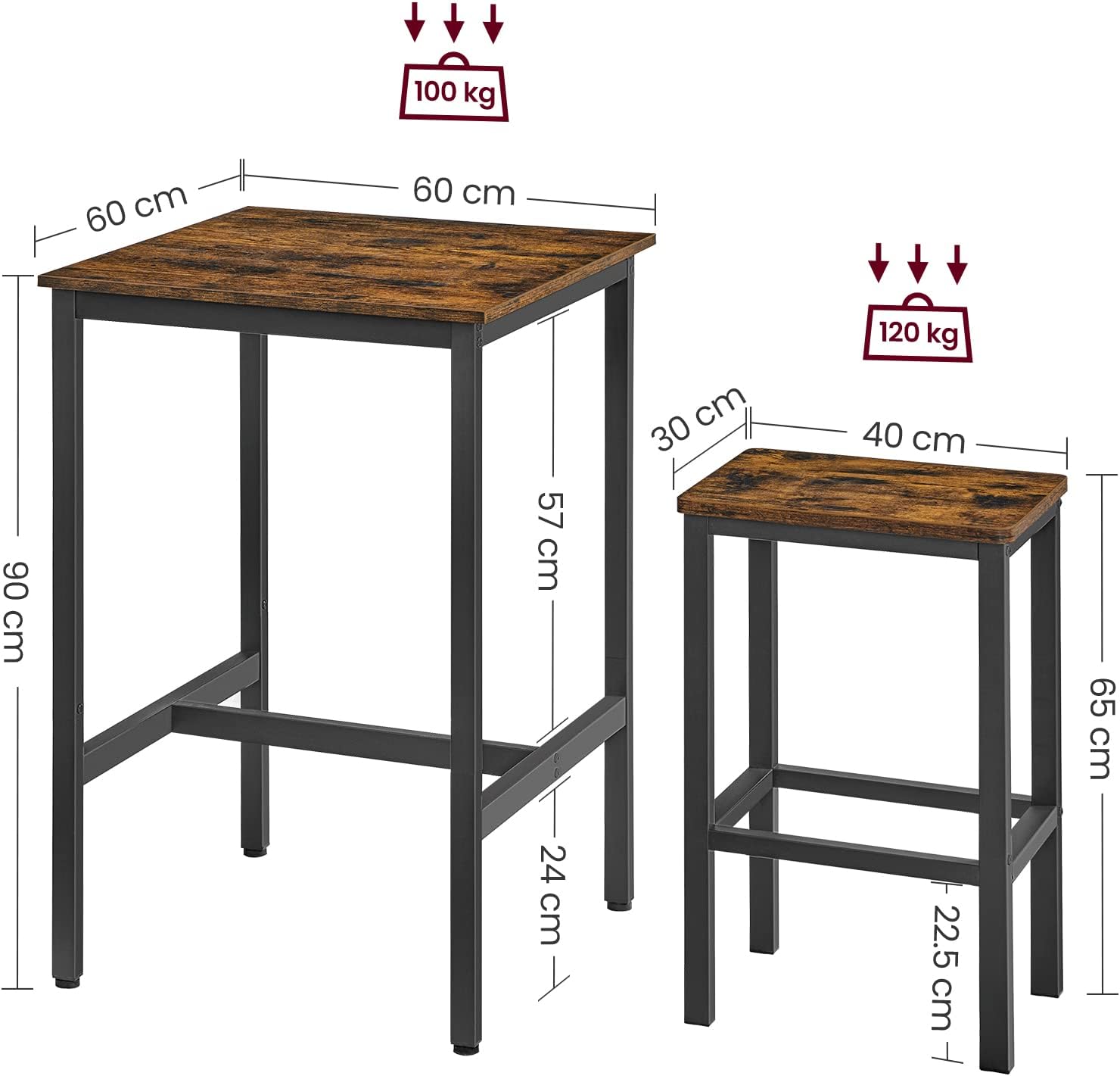VASAGLE Set masa si scaune de bar, masa 60x60x90cm si 2 scaune 30x40x65cm, stil industrial, maro rustic