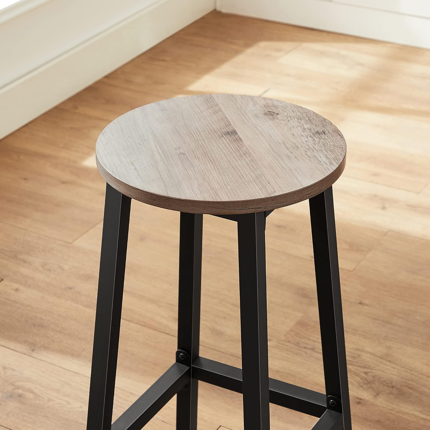 VASAGLE Set 2 scaune bar inalte, sezut rotund, cadru din otel, inaltime 65 cm, stil industrial, gri - 6