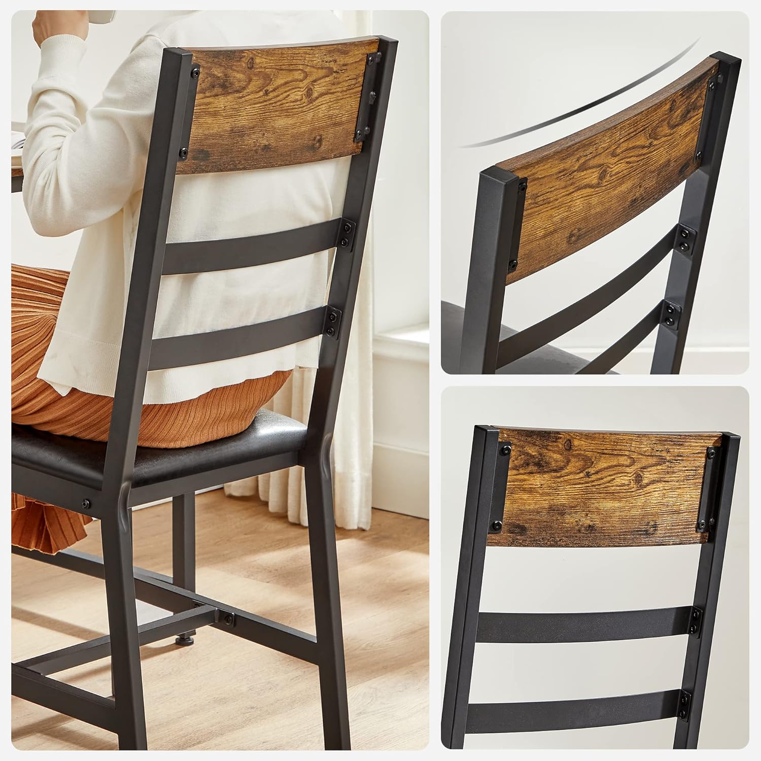 VASAGLE Set 2 scaune de living, tapitate, cu spatar, stil industrial, 43x43x96 cm, maro rustic si negru