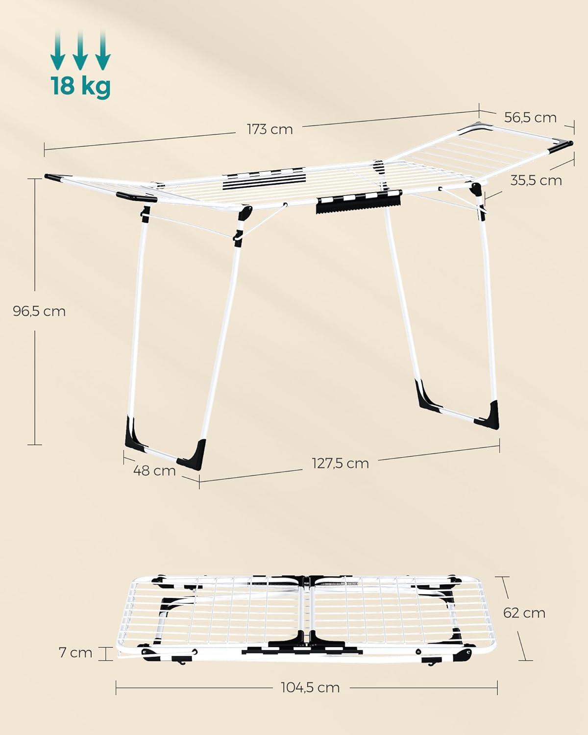 SONGMICS Uscator de rufe pliabil, capacitate intindere haine 18 metri, 57x173x97 cm, alb