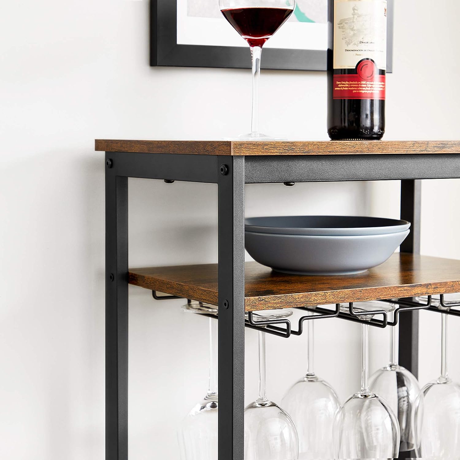 VASAGLE Raft pentru vinuri, capacitate 20 de sticle, cu suport pentru pahare, stil industrial, 50x32x100cm, maro rustic si negru