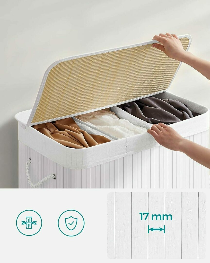 SONGMICS Cos de rufe din bambus, pliabil, cu captuseala detasabila lavabila, 3 compartimente, 150L, 60x40x62cm, alb