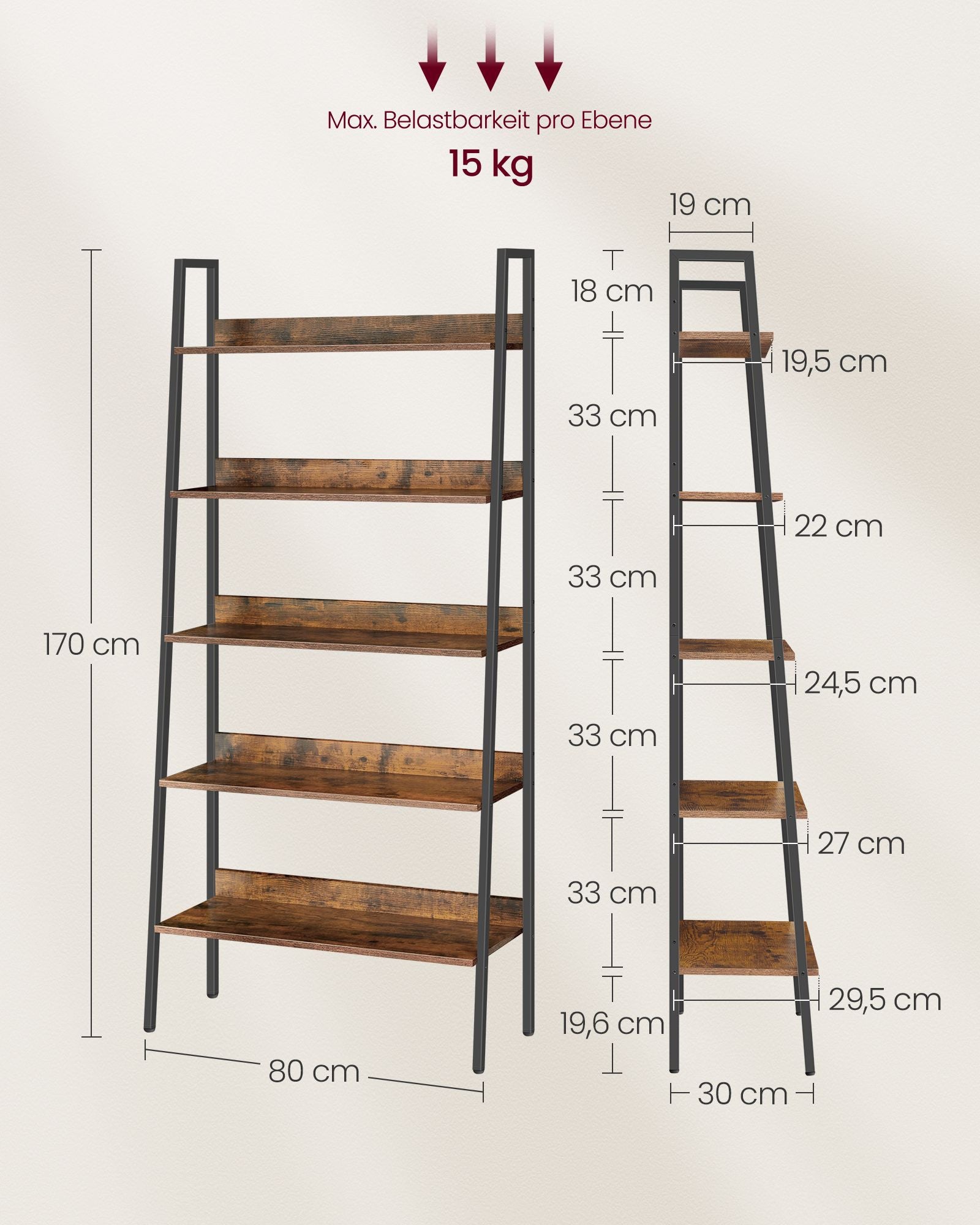 VASAGLE Biblioteca tip scara, cadru otel cu 5 polite, stil industrial, 80x30x170 cm, maro - 5