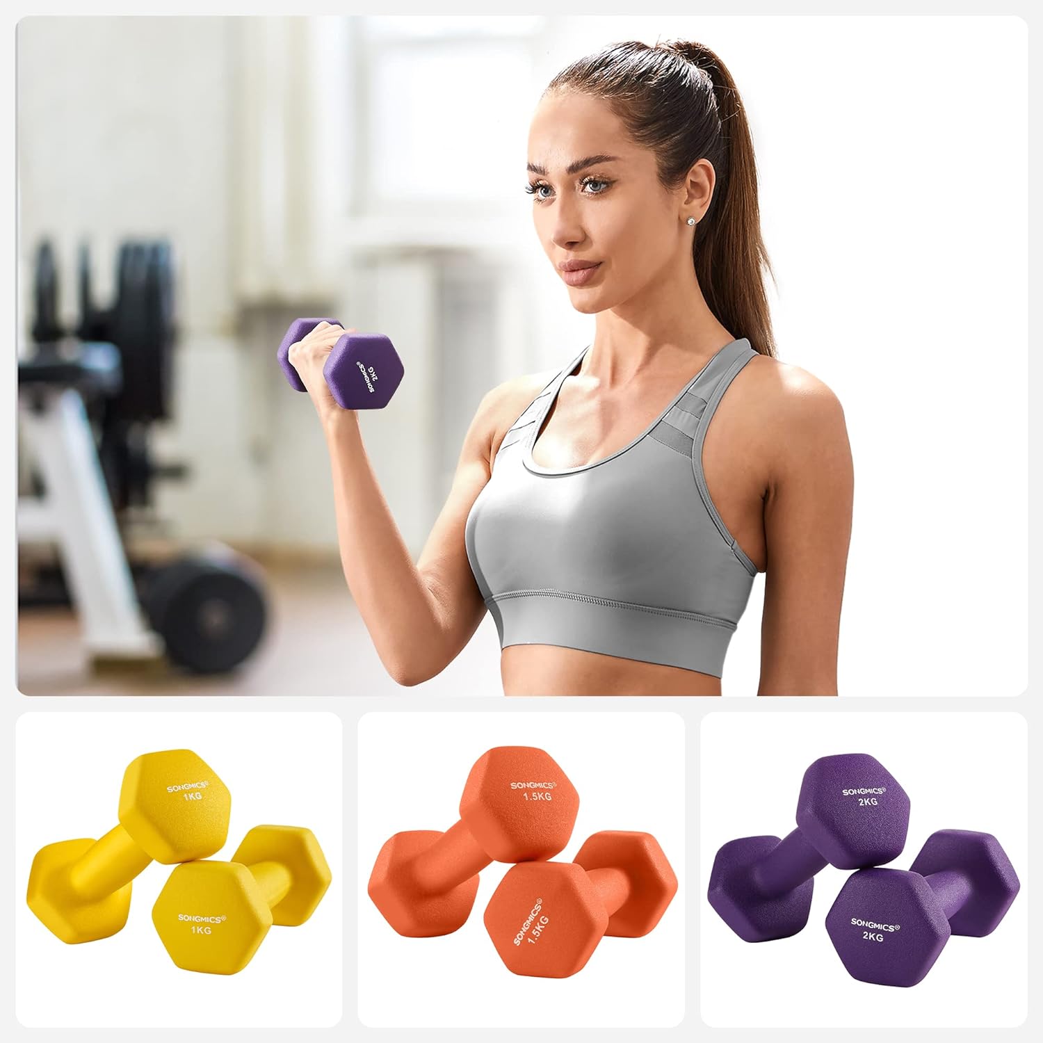 SONGMICS Set de 6 gantere hexagonale cu suport, 2x1kg 2x1.5kg 2x2kg, multicolor