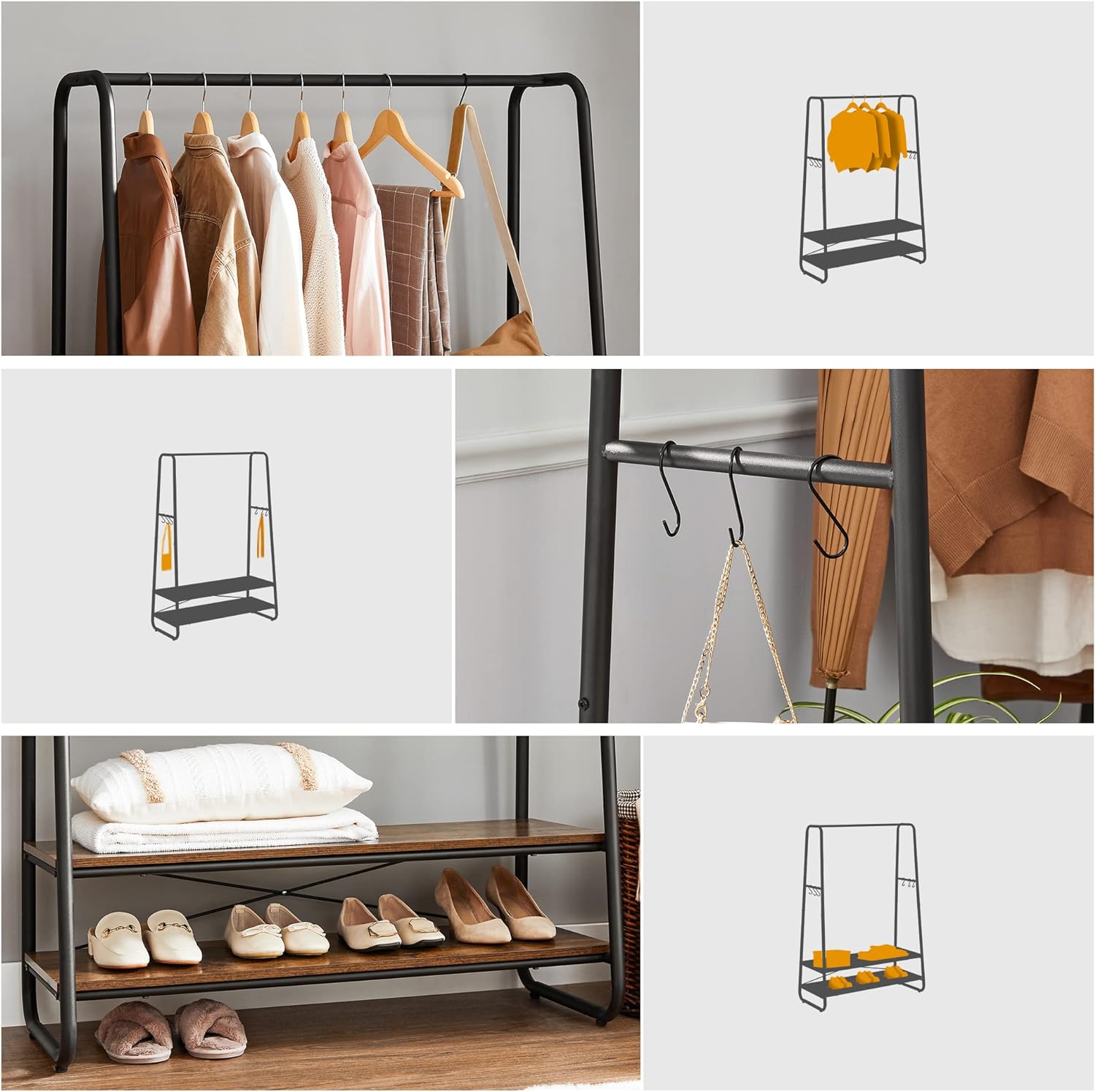 VASAGLE Raft pentru haine cu suport pentru pantofi, 2 polite, 6 carlige laterale, 45x100x160cm, maro rustic - 6