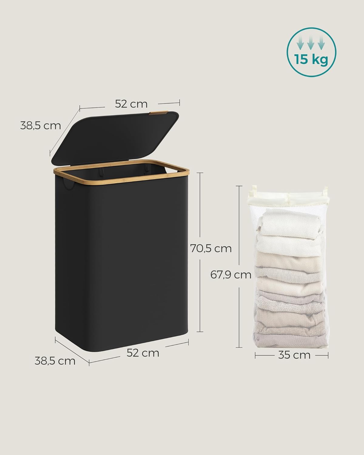 SONGMICS Cos de rufe textil, pliabil, cu 2 compartimente detasabile, 130L, 52x39x71 cm, negru