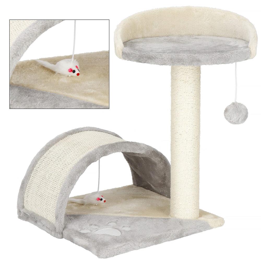 Ansamblu de joaca pentru pisici, cu loc pentru zgariat, culcus, minge, 47cm, crem