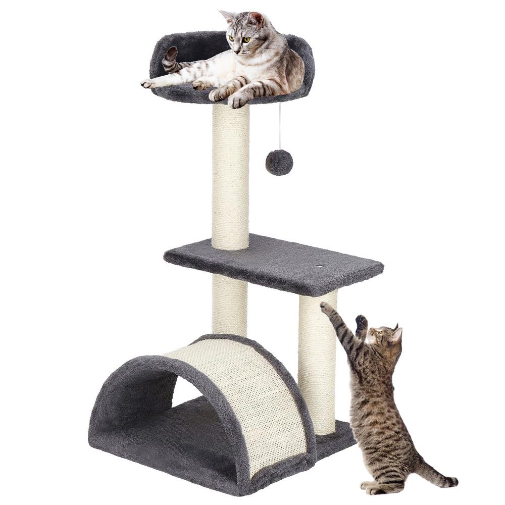 Ansamblu de joaca pentru pisici, cu loc pentru zgariat, ascuns, culcus, minge, 67cm, crem