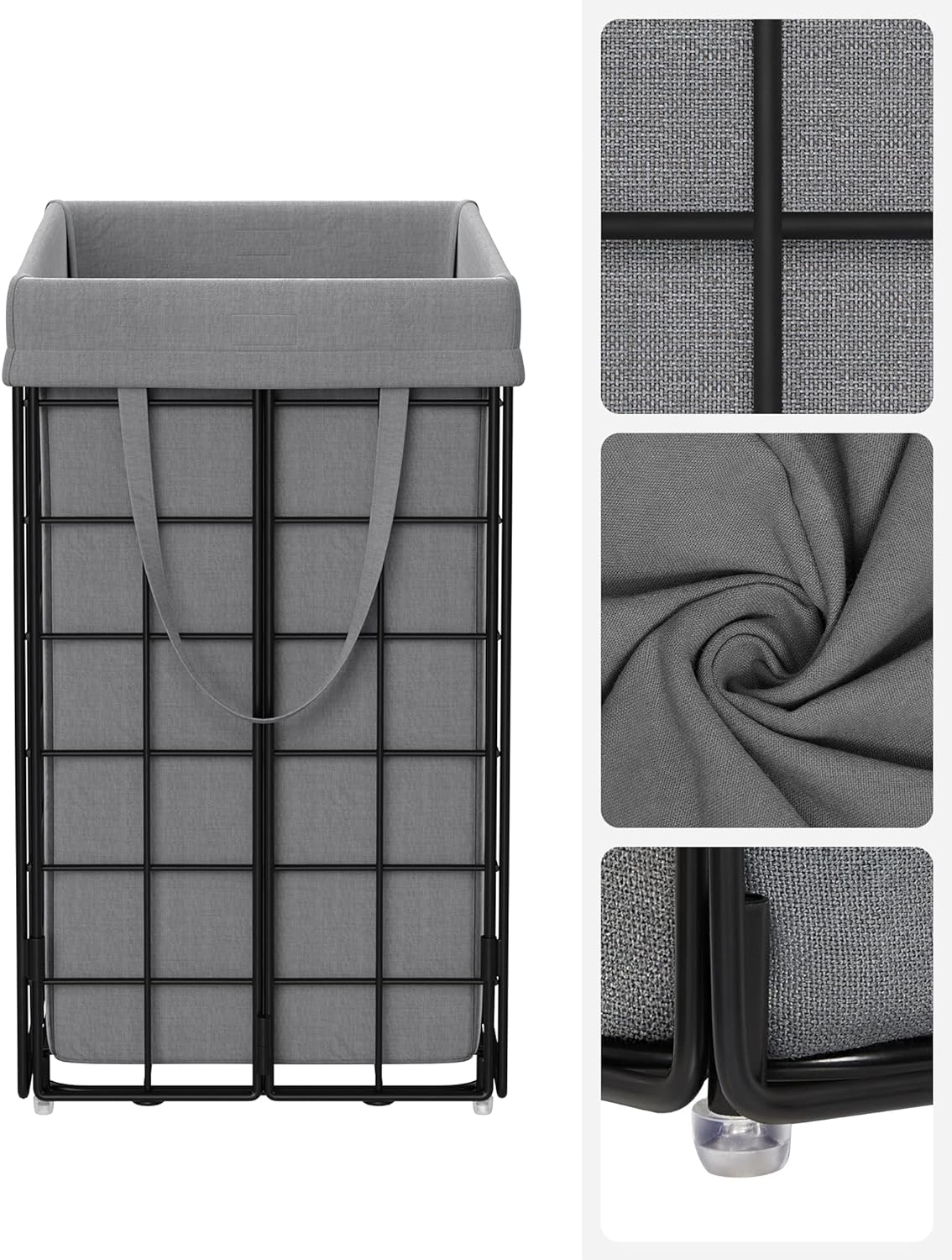 SONGMICS Cos de rufe pliabil cu cadru metalic, sac detasabil si lavabil, 90L, 48x33x58cm, negru si gri