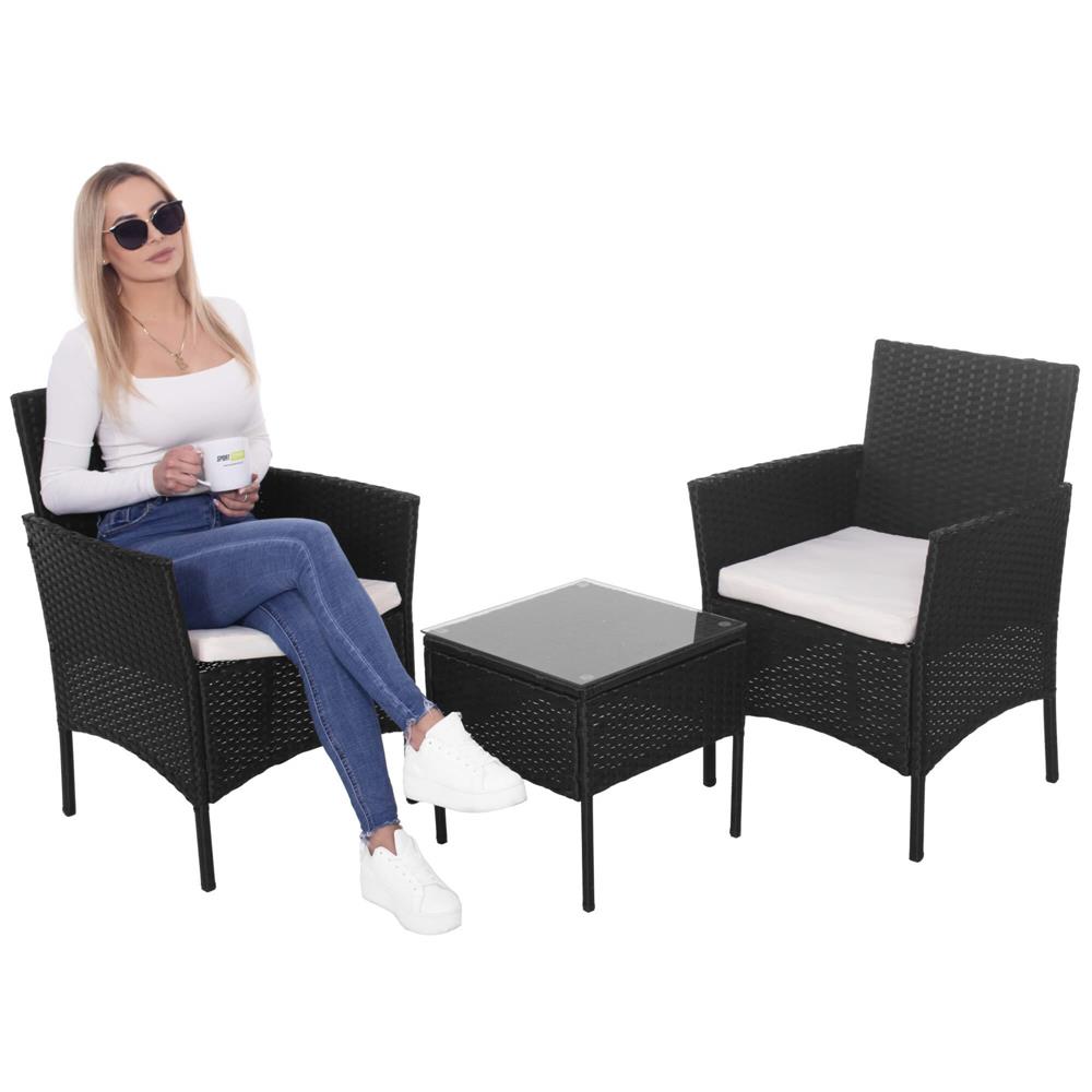 Set mobilier terasa, din tehnorattan, masa cu blat sticla securizata, 2 fotolii cu perne, negru