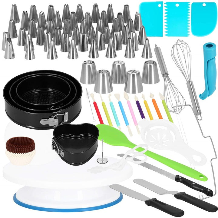 Set patiserie cu platou rotativ si 4 tavi de copt, 345 piese cu sabloane pentru ornarea prajiturilor