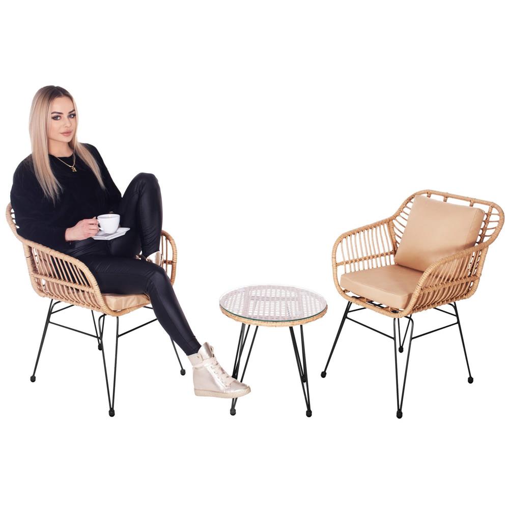 Set mobilier terasa, din tehnorattan, masa cu blat sticla securizata, 2 fotolii cu perne, maro