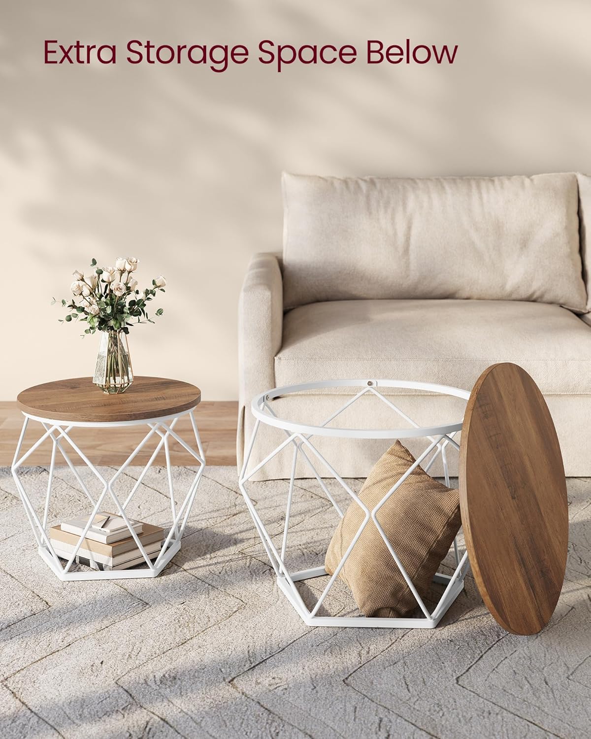 VASAGLE Set de 2 mese de cafea rotunde, cadru otel si blat detasabil, 40cm si 50cm, alb si maro
