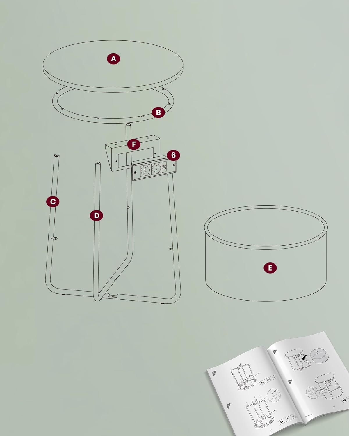 VASAGLE Masuta de cafea rotunda cu cos de stofa, statie de incarcare 2 prize si 2 USB, 45x50cm, verde crem - 6
