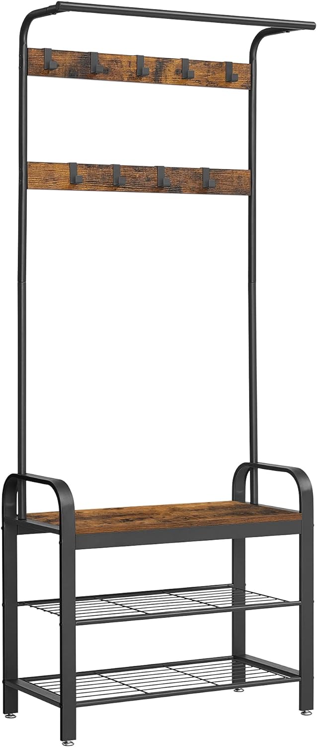 VASAGLE Cuier pentru haine, cu banc depozitare pantofi, 9 carlige detasabile, sina pentru haine, 34x77x183cm, industrial, maro rustic si negru