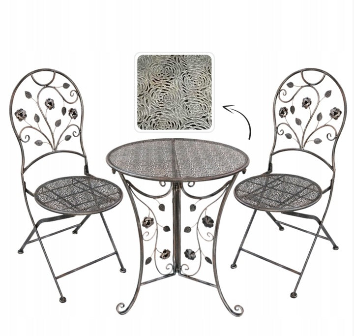 Set mobilier gradina metalic Madison, masa 60x60x70 cm si 2 scaune 40x40x94 cm, stil vintage, bronz