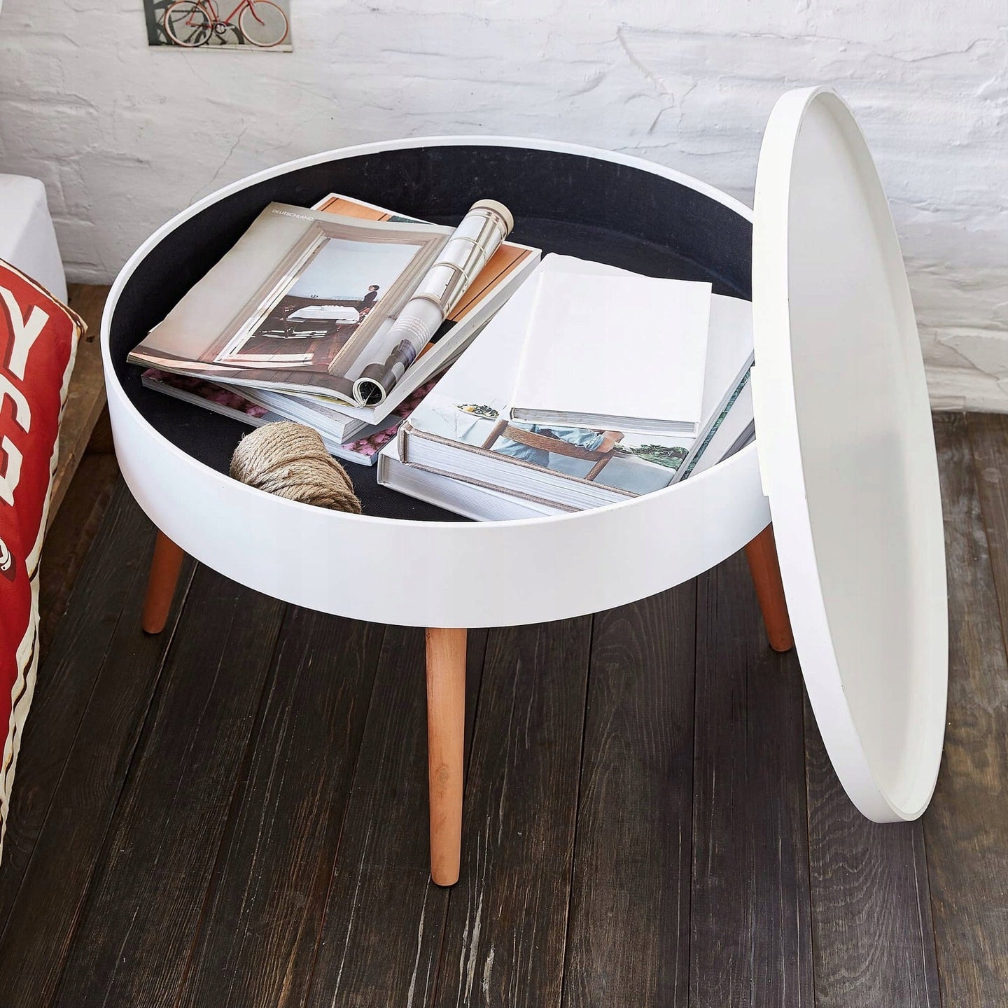 Masuta de cafea rotunda 60x40 cm, cu blat detasabil si spatiu depozitare, picioare din lemn de pin, alba