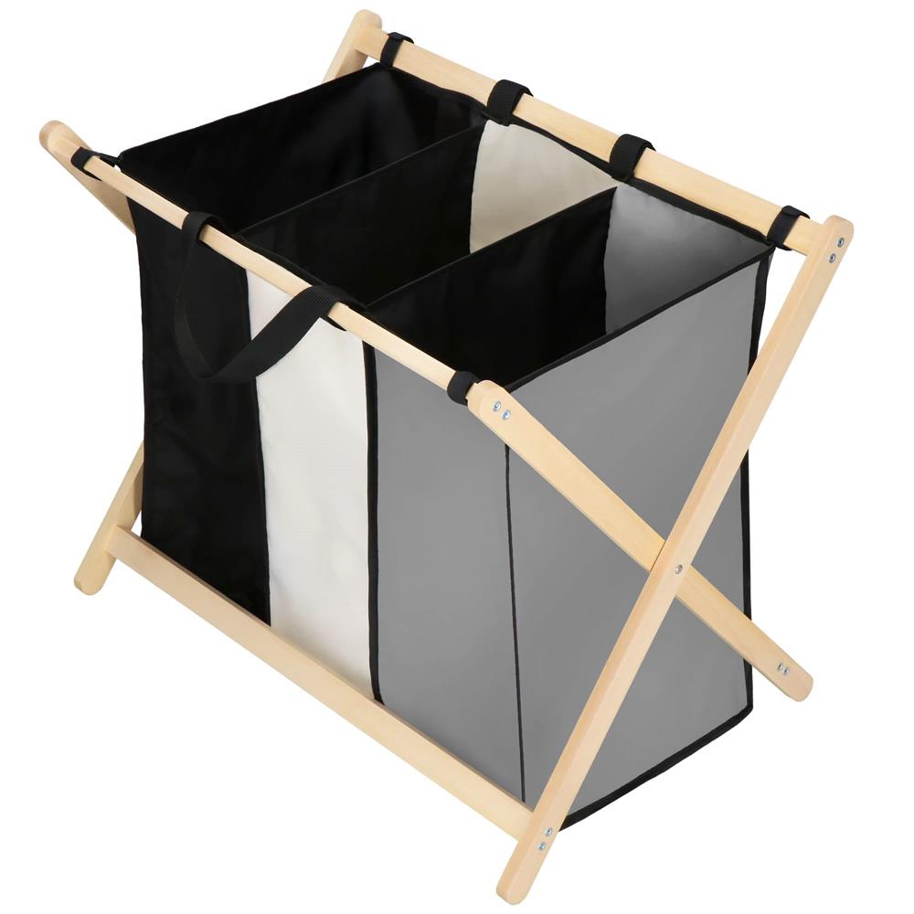 Cos de rufe cu 3 compartimente, cadru din lemn, 67x43x55 cm, 105 litri