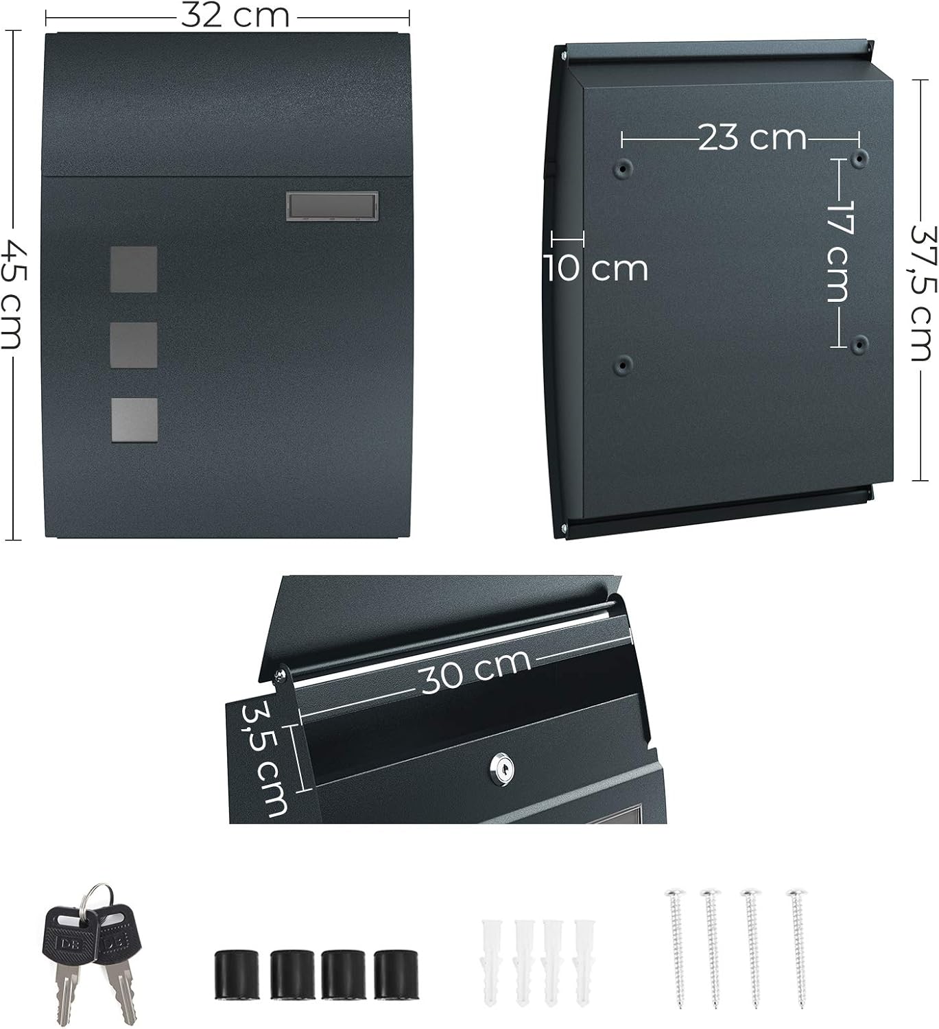SONGMICS Cutie postala 32x10x45 cm, montaj pe perete, cu 3 ferestre si capac protectie ploaie, otel, gri antracit
