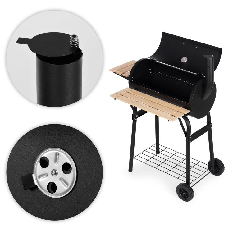 Gratar de gradina 91x60x114 cm, cu cos de fum, termometru si 3 rafturi, metal cromat, negru