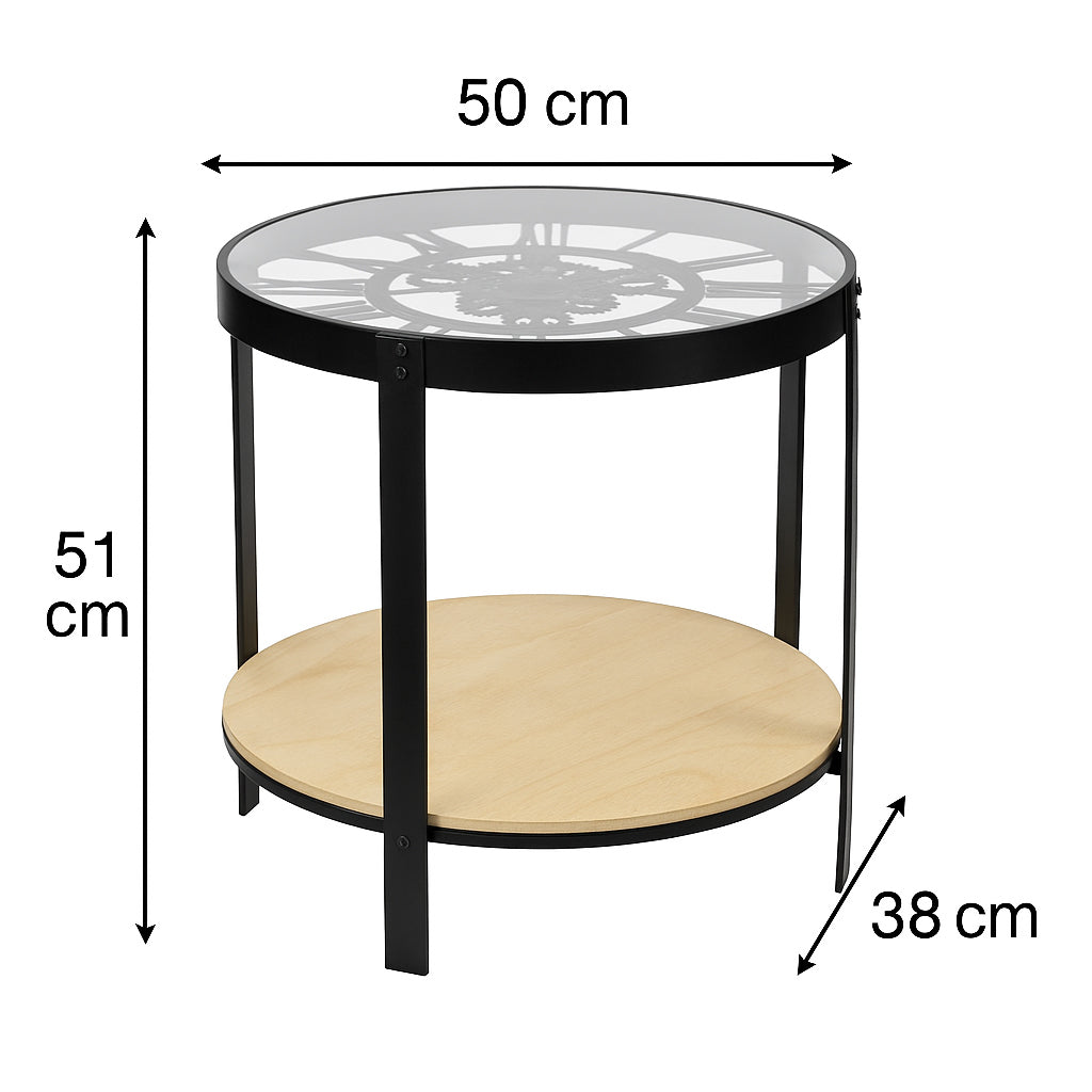 Masuta cafea Atmosphera Meca cu blat sticla si mecanism ceas decorativ, 50x51 cm, negru