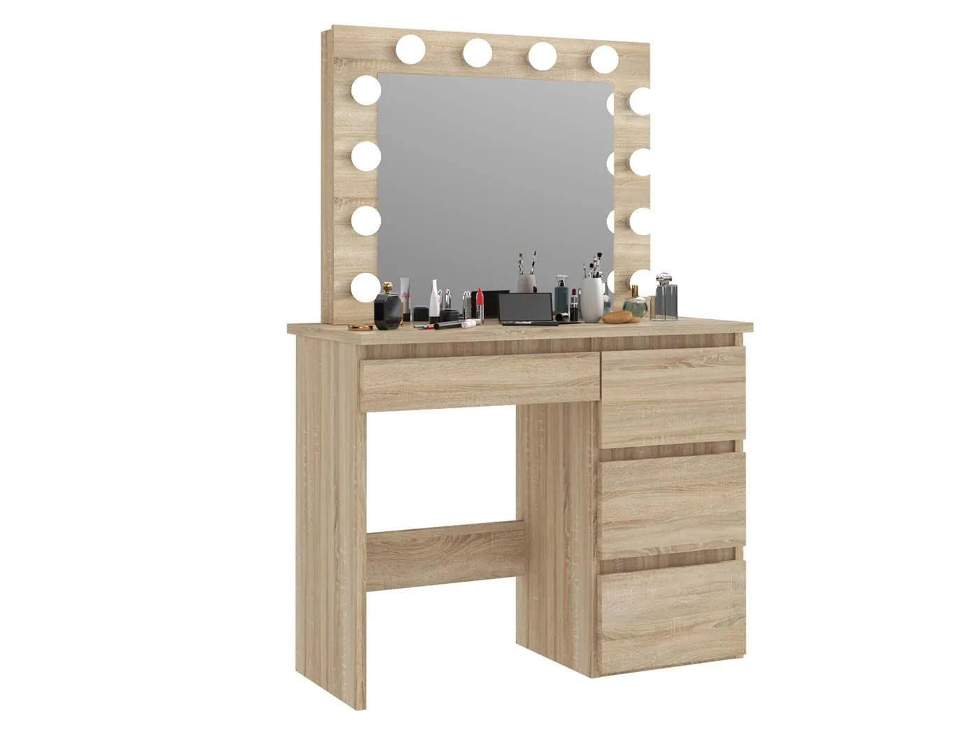 Masa de toaleta si machiaj Hollywood cu oglinda LED si 4 sertare, 94x43x140 cm, stejar - 6