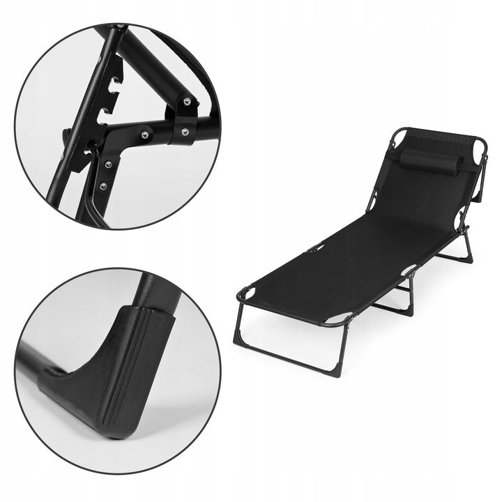 Sezlong pliabil 193x67x79 cm, spatar reglabil 4 pozitii, cadru otel si material Oxford, negru