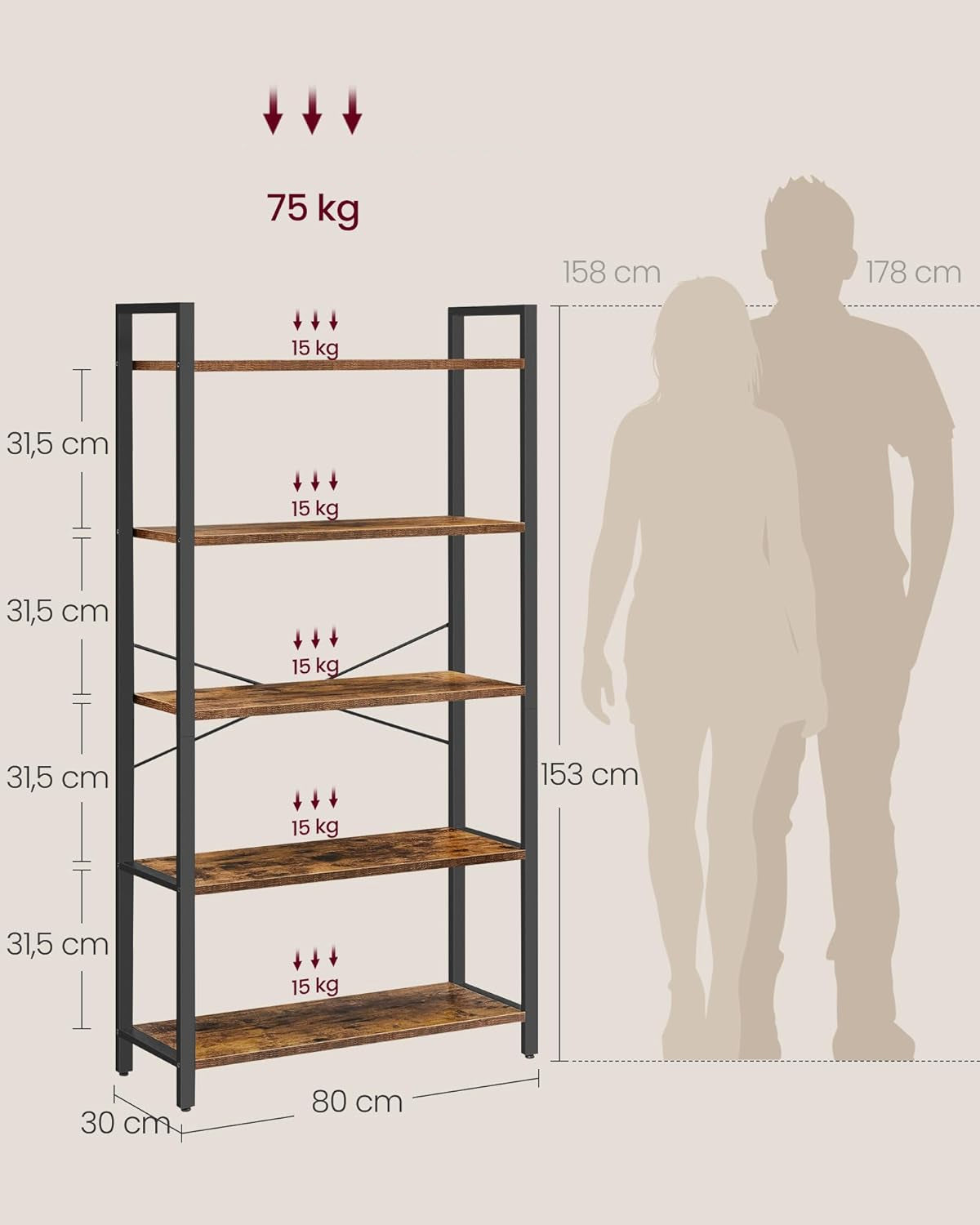 VASAGLE Biblioteca tip scara 80x30x153 cm, 5 rafturi deschise, stil industrial, maro rustic