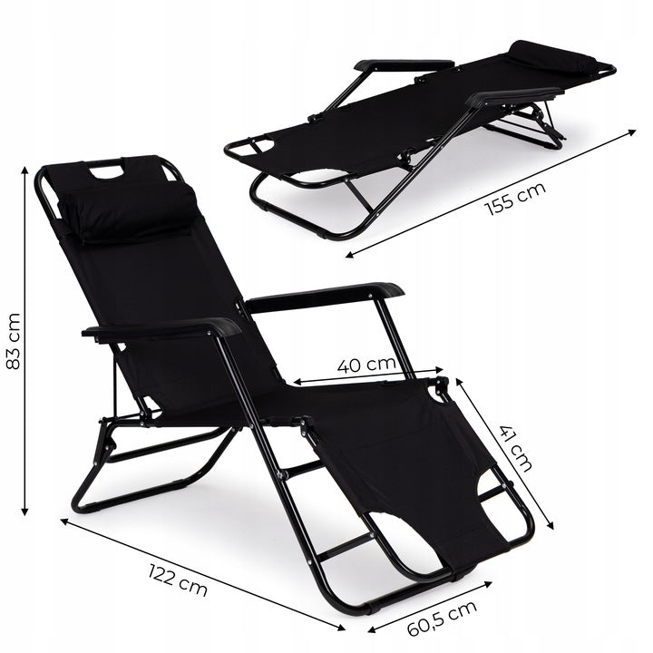 Sezlong pliabil 155x60x83 cm, 2 in 1 leagan extensibil, spatar reglabil, cadru metalic si perna impermeabila, gri