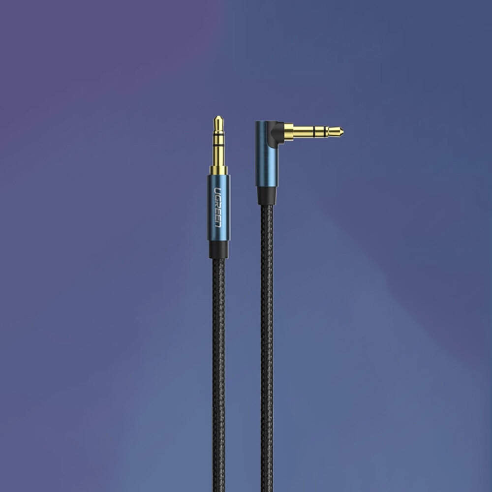 CABLU audio Ugreen, "AV112" stereo (3.5 mm jack T/T), conectori auriti, 1m, braided, unghi de 90 grade la un cap, albastru "60179" - 6957303861798