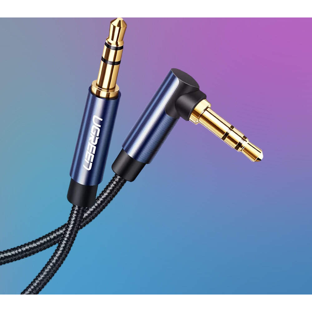 CABLU audio Ugreen, "AV112" stereo (3.5 mm jack T/T), conectori auriti, 1m, braided, unghi de 90 grade la un cap, albastru "60179" - 6957303861798
