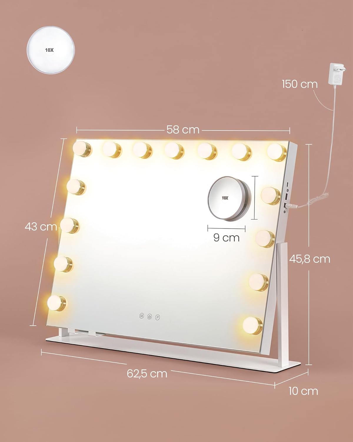 SONGMICS Oglinda machiaj cu iluminare LED, 3 culori lumina, suport telefon, porturi USB, zoom 10x, 58x43 cm, alb