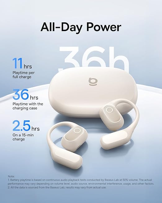 CASTI Baseus Bowie Eli 2i Fit Open-Ear True Wireless, on ear, pt smartphone, microfon pe casca, conectare prin Bluetooth 6.0, alb "A0102603" (timbru verde 0.18 lei) - 6932172696924