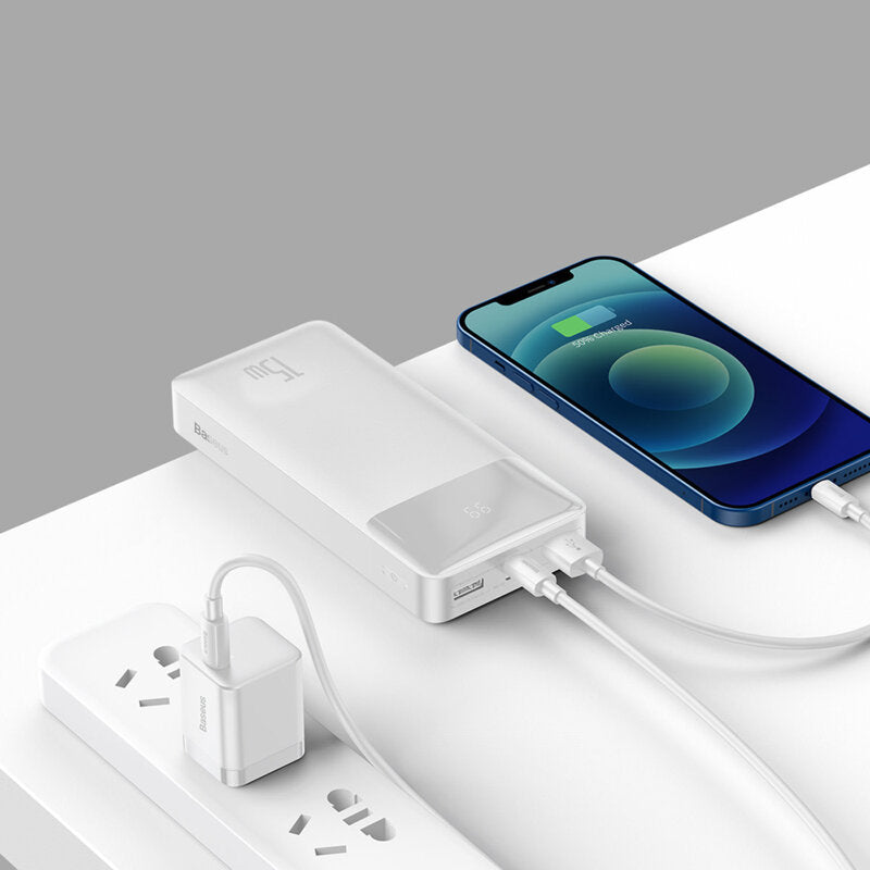 POWER BANK Baseus Bipow, 20000mAh, 15W, 2 x USB; 1 x USB Type-C, digital display pt. status baterie, total 3A, alb, "PPBD050102" - 6932172618223