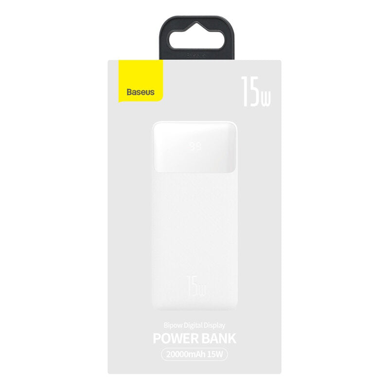 POWER BANK Baseus Bipow, 20000mAh, 15W, 2 x USB; 1 x USB Type-C, digital display pt. status baterie, total 3A, alb, "PPBD050102" - 6932172618223