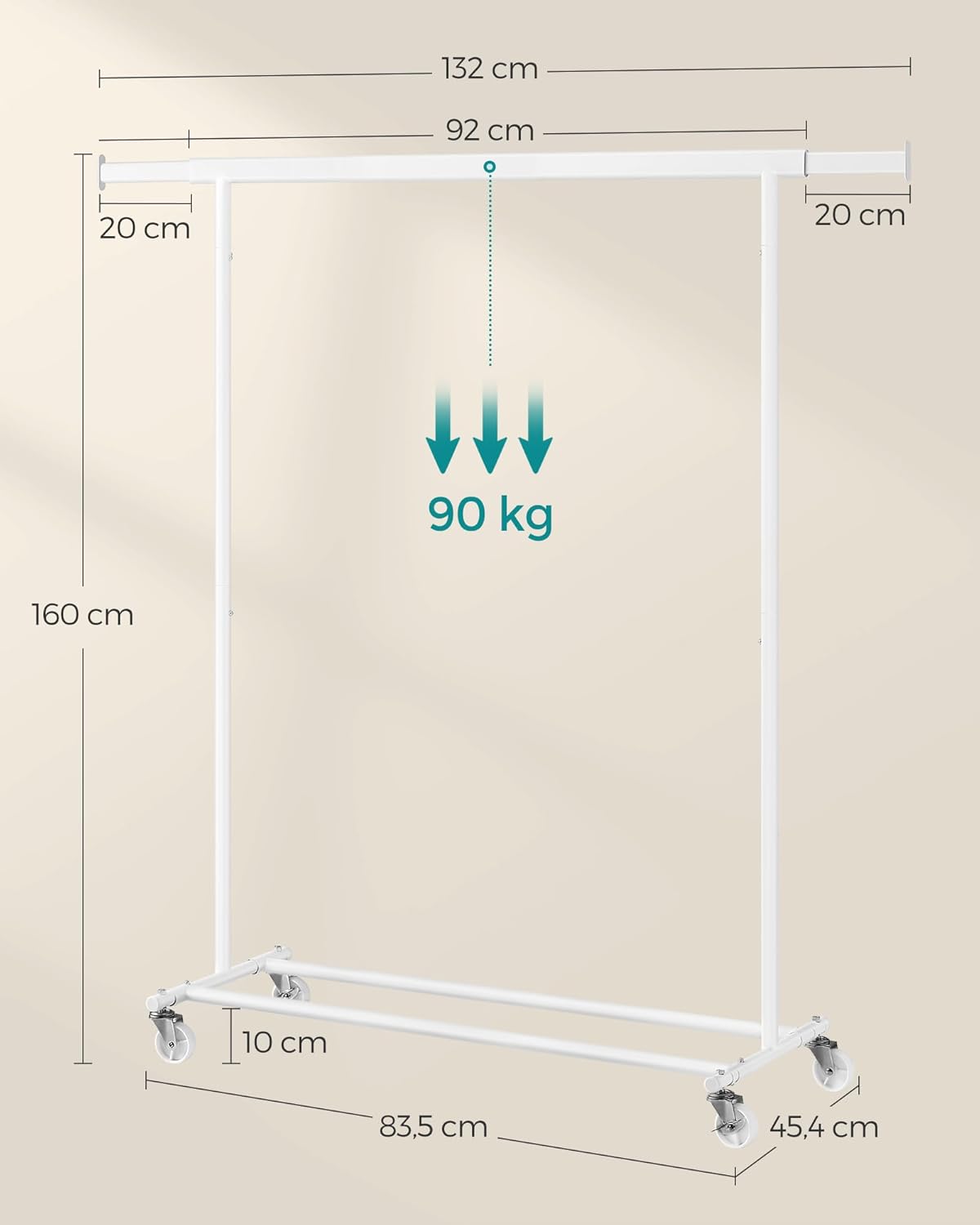SONGMICS Suport pentru haine cu sina superioara extensibila, pe roti, reglabil pe latime, 45x(92-132)x160cm, alb