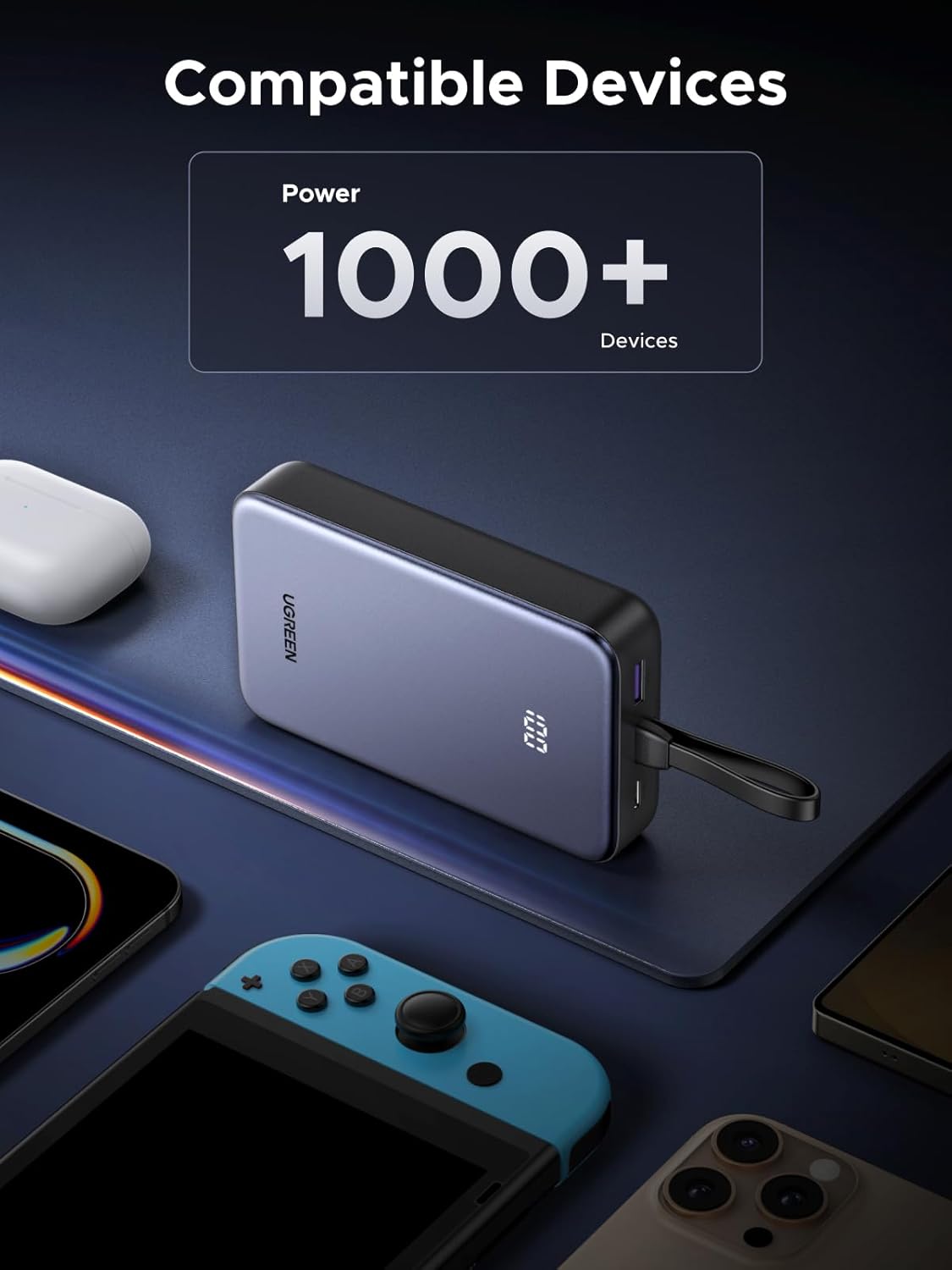 POWER BANK Ugreen "PB505", 20000mAh, 20W, 1 x USB Type-C input/output, cablu USB Type-C integrat, gri "45762"