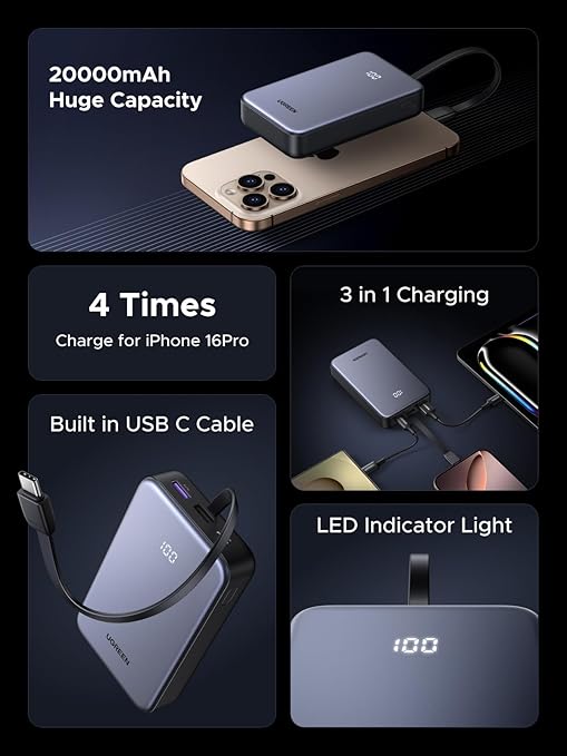 POWER BANK Ugreen "PB505", 20000mAh, 20W, 1 x USB Type-C input/output, cablu USB Type-C integrat, gri "45762"