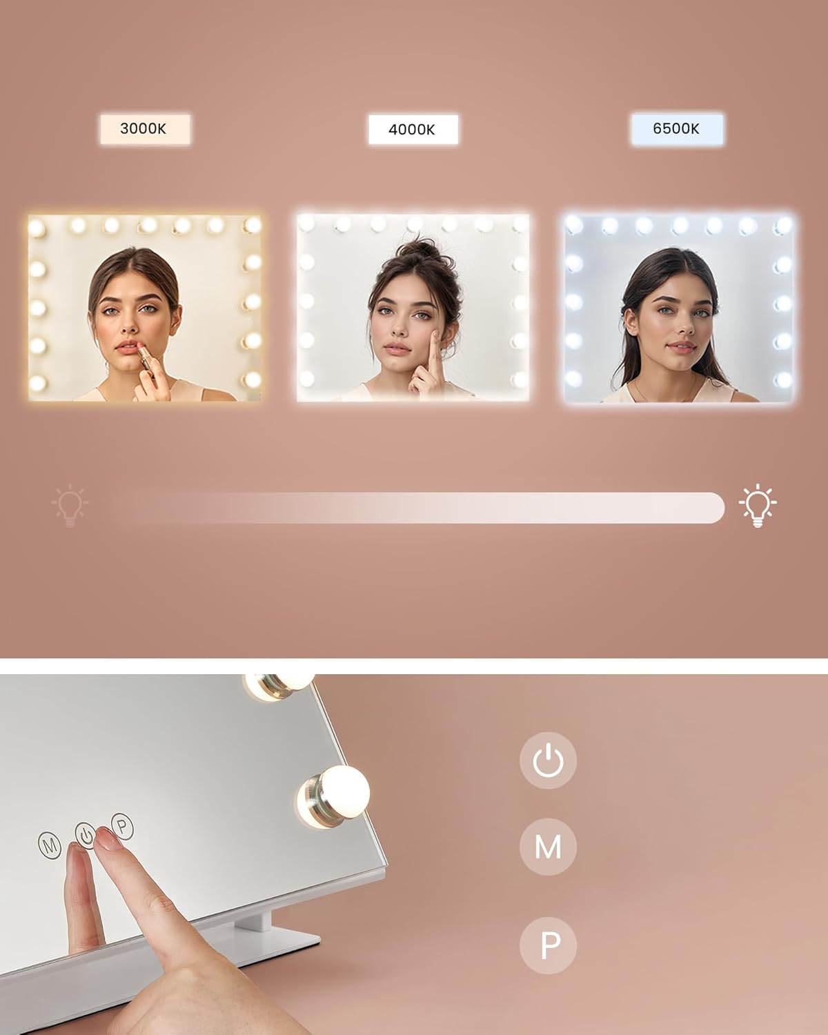 SONGMICS Oglinda machiaj cu iluminare LED, 3 culori lumina, suport telefon, porturi USB, zoom 10x, 58x43 cm, alb